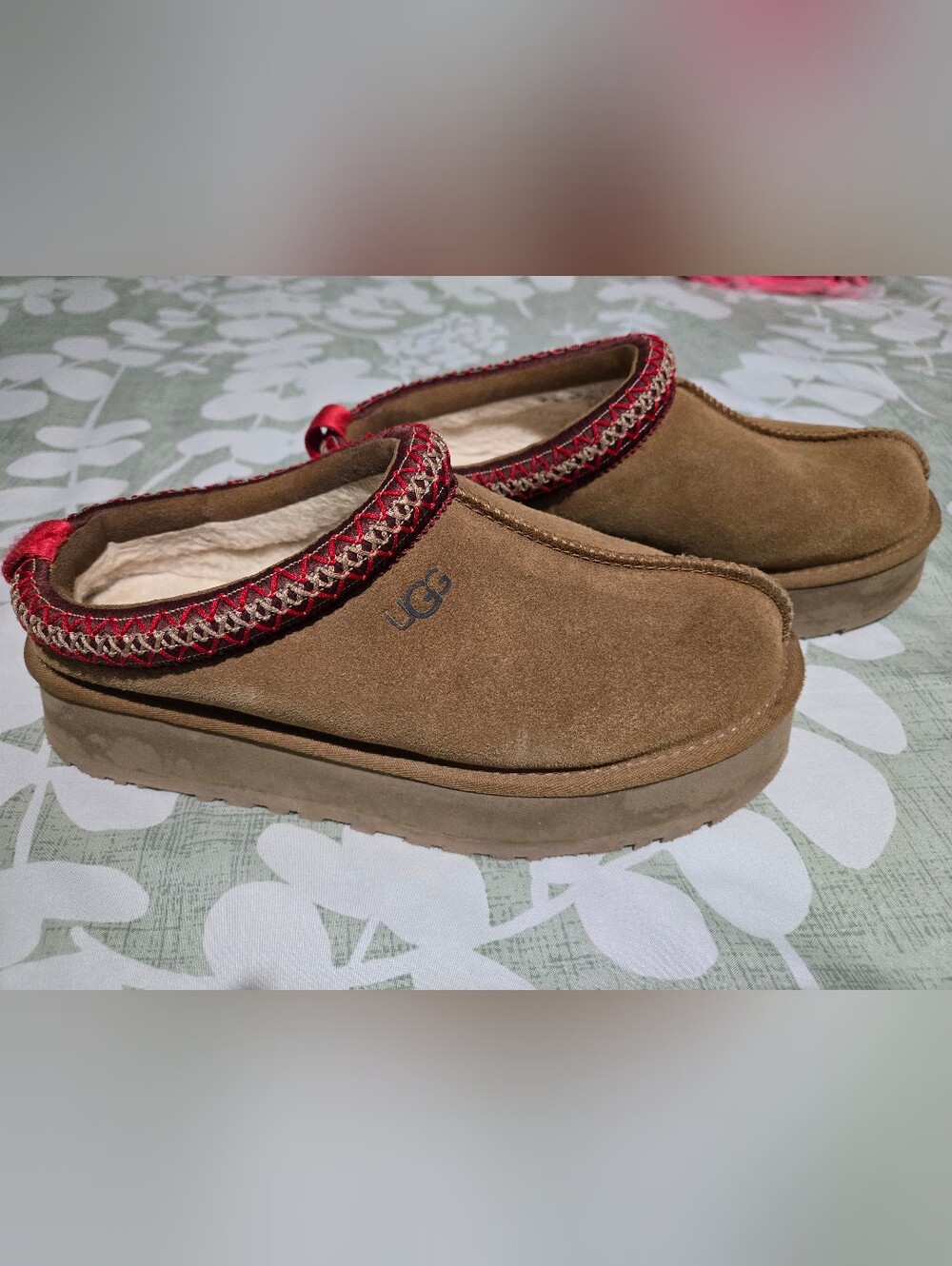 UGG Tasman Women's Chestnut Suede Clog Slippers with Red Trim